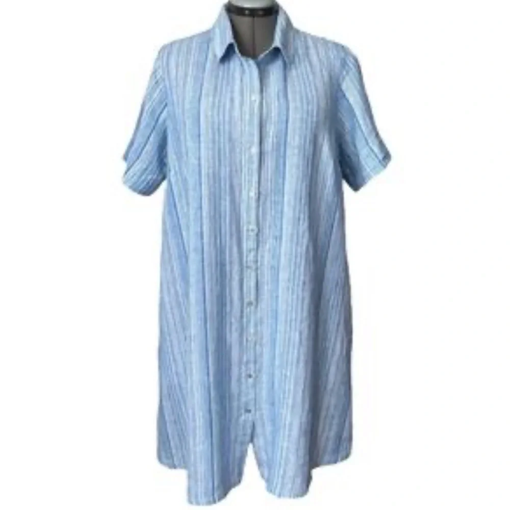 Tahari Plus 100% Linen Collar Shirt Dress Light Blue stripe button up 2X pockets - Picture 3 of 16